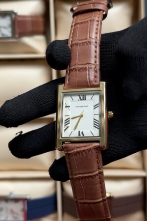 UNIVERSAL POINT KHAKI BROWN LEATHER GOLDEN FRAMED WHITE DIAL TANK