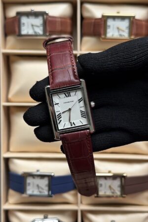 UNIVERSAL POINT CHOCOLATE LEATHER SILVER FRAMED WHITE DIAL TANK