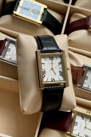 UNIVERSAL POINT BLACK LEATHER GOLDEN FRAMED WHITE DIAL TANK