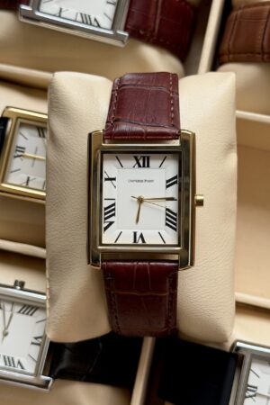 UNIVERSAL POINT CHOCOLATE LEATHER GOLDEN FRAMED WHITE DIAL TANK
