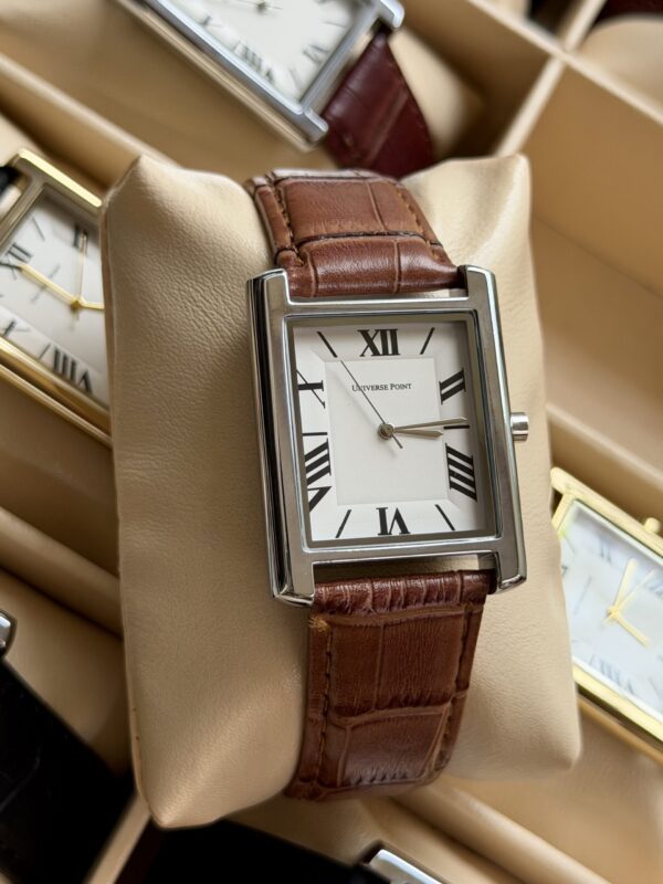 Universal Point Watch UNIVERSAL POINT KHAKI BROWN LEATHER SILVER FRAMED WHITE DIAL TANK ...